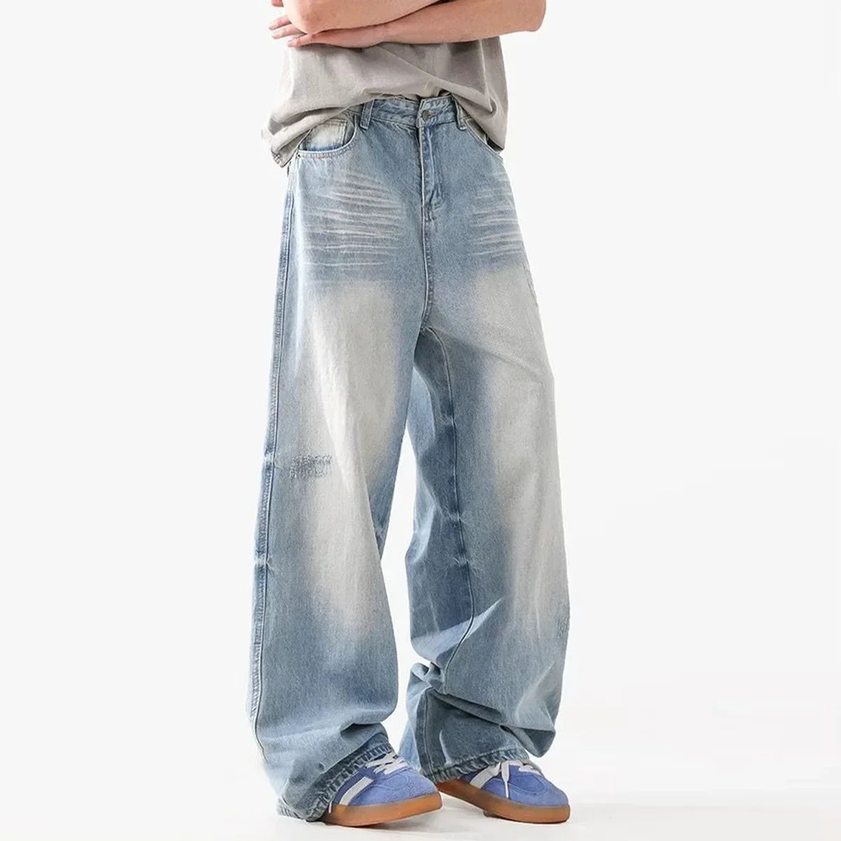 Retro American Light Blue Denim Jeans Loose Wide Leg Straight Floor-Length Trousers for Men And Women Autumn Fashion Brand