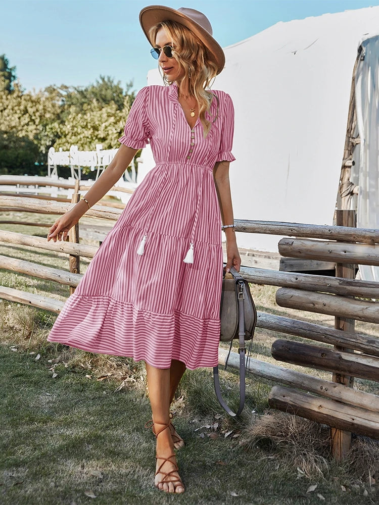 Women's Causal Striped Tassel Medium Long Dress V Neck Button Short Sleeve Spring Summer Dress