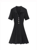 Summer New Women's Turn Down Collar Short Sleeve Knitted Mini Dress Slim Fit A-line Diamond Buttons White Short Dress 2025