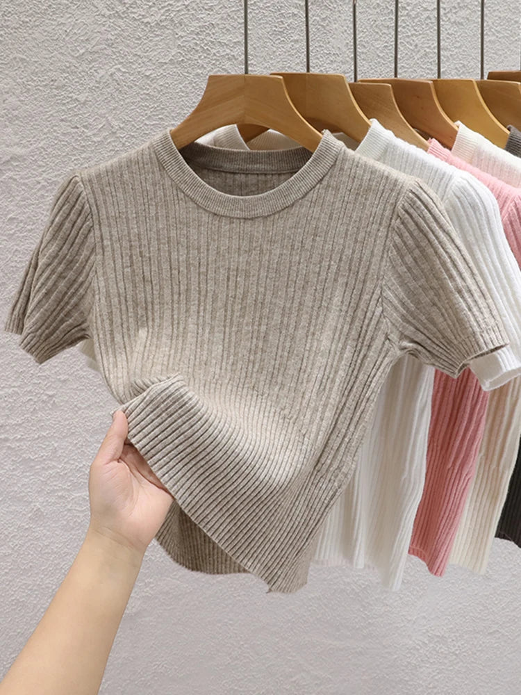Summer T shirts for Women Casual Female Korean Knit Streetwear Tees Basic Solid Young Cool Tops 2025