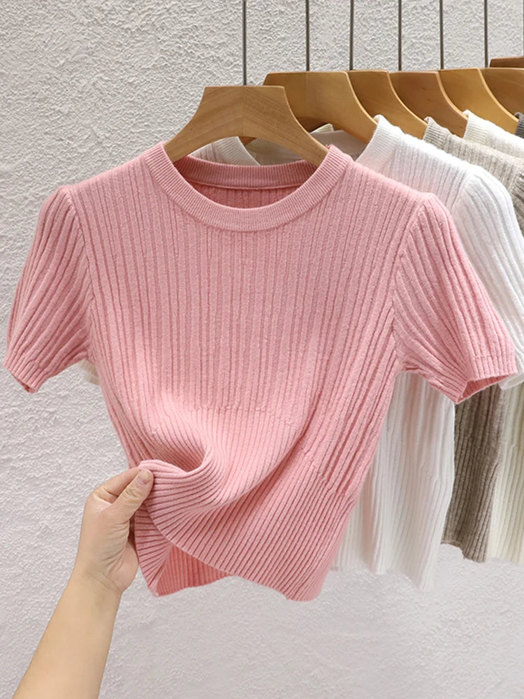 Summer T shirts for Women Casual Female Korean Knit Streetwear Tees Basic Solid Young Cool Tops 2025