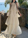 Vintage Women Beige Elegant Off Shoulder Evening Party Dress Summer Sleeveless Vacation Pleated Halter Cake Long Sundress Simple 2025