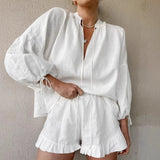 Ensemble short blanc Tuularose, col en V, été 2025, patchwork, laçage, coton lin, ensemble deux pièces décontracté