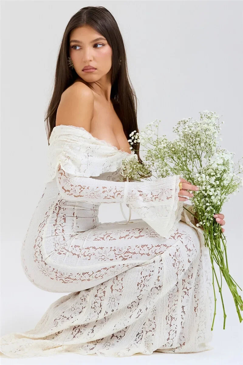 Winter Lace Long Sleeve Evening Party Dresses Women Black Sexy Elegant Maxi Dress Fashion Long Wedding Guest Dress 2025