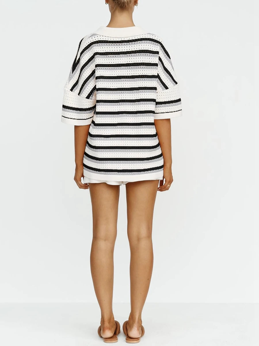 Ensemble décontracté pour femmes, 2 pièces, tenue de détente, blouse en crochet à boutons, shorts, contraste de couleurs