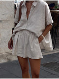 Ensemble décontracté pour femme en coton et lin rayé, chemise ample à manches mi-longues avec col à revers, shorts élastiques à taille haute, tenue d'été pour femme