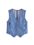 Veste en denim à boutons pour femmes TRZA, mode vintage, col en V, sans manches, vestes chic pour femmes