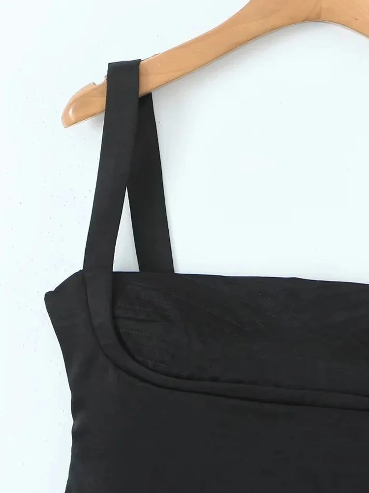 KAOPU ZA Robe noire brodée à bretelles pour femmes, coupe ajustée, robe mini de printemps et d'été, robe de club