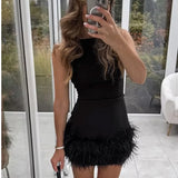 Women's Dress Feathers Sleeveless Mini Dress Elegant Black Short Dresses Bodycon Party Dresses Woman Vest Christmas Dress 2025