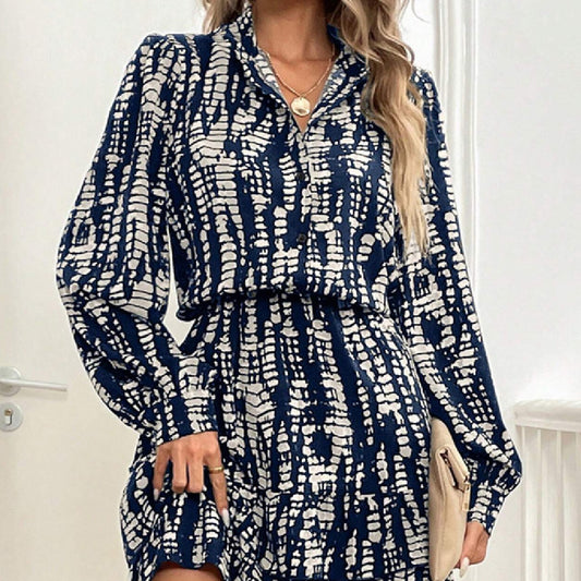Robe Longue à Manches Longues Imprimée et Volantée pour Femmes