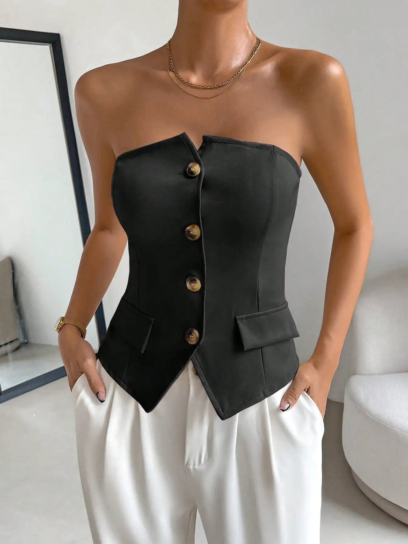 European and American cross-border women's fashionable and elegant front breasted backless top