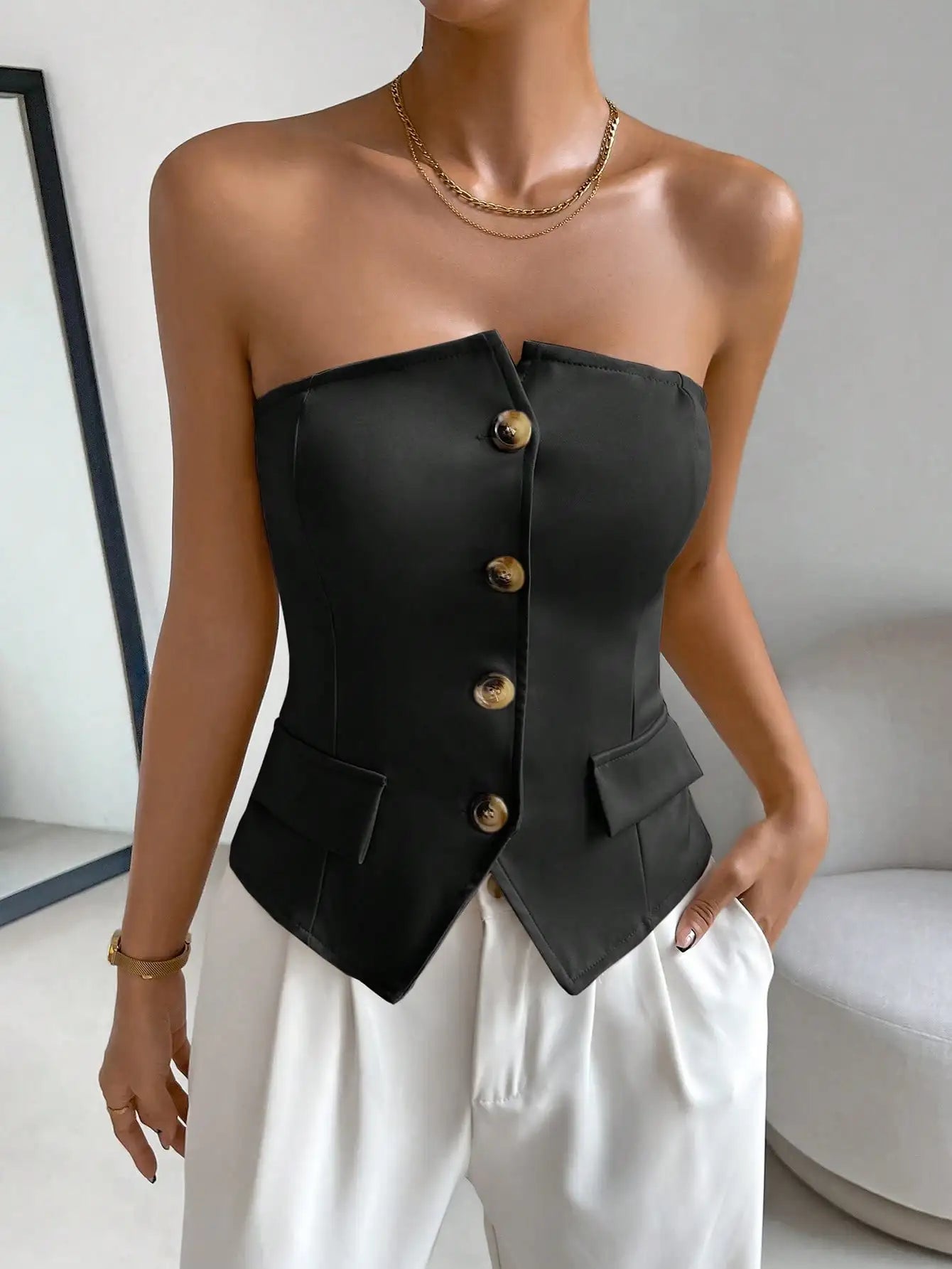 European and American cross-border women's fashionable and elegant front breasted backless top