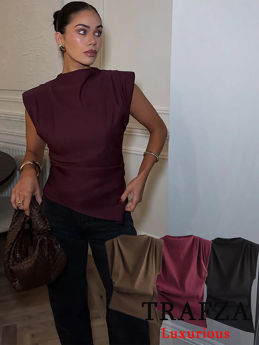 TRAFZA Vintage Chic Women Solid Asymmetric O-Neck Zipper Sleeveless Cross Folds Top Fashion 2025 Streetwear Padded Shoulder Top