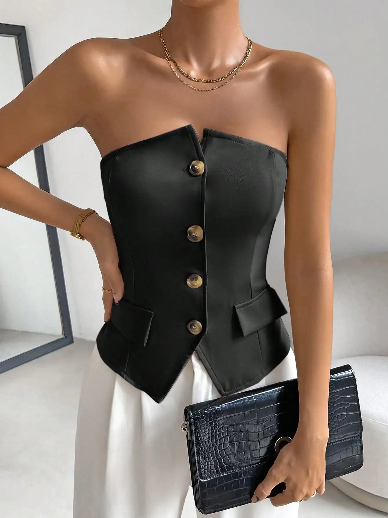 European and American cross-border women's fashionable and elegant front breasted backless top