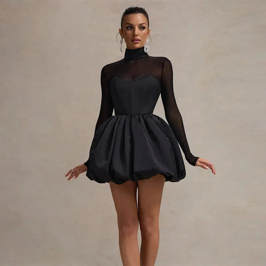 Robe mini sexy en maille noire Talenza, manches longues transparentes, robe courte ligne A, robe de soirée de luxe