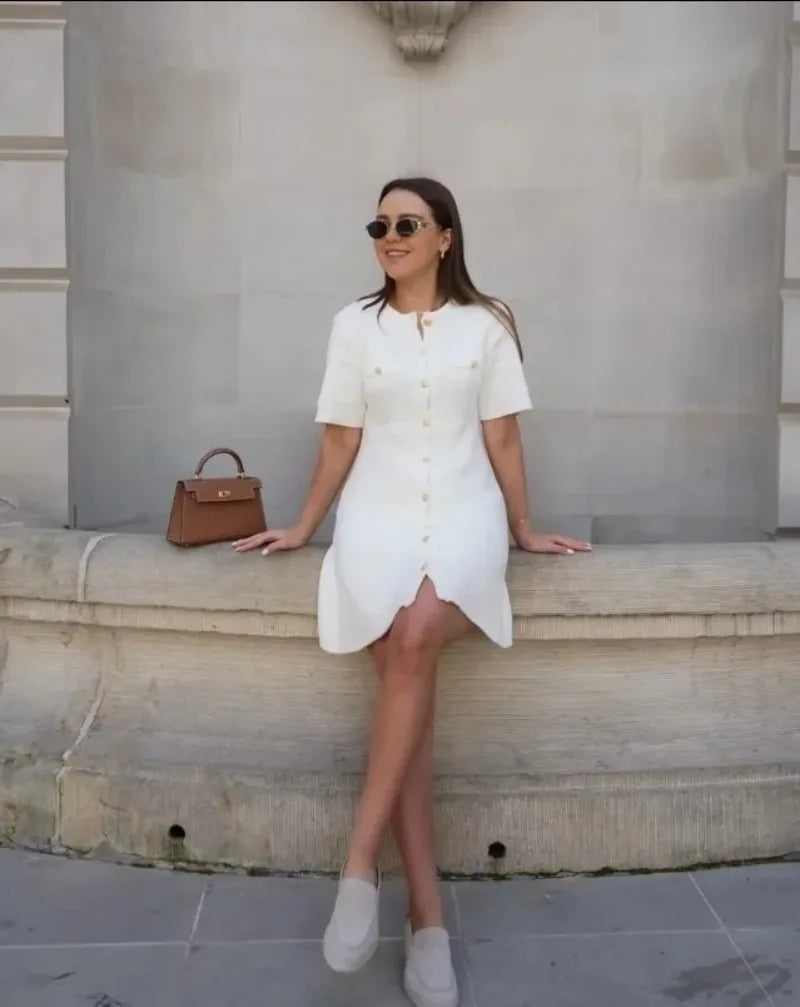 Elegant Knit Mini Dress Women Street Slim High Waist Short Sleeve Rib Sweater Dresses Vacation Bodycon Knitwear Dress 2025