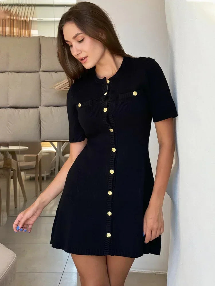 Elegant Knit Mini Dress Women Street Slim High Waist Short Sleeve Rib Sweater Dresses Vacation Bodycon Knitwear Dress 2025