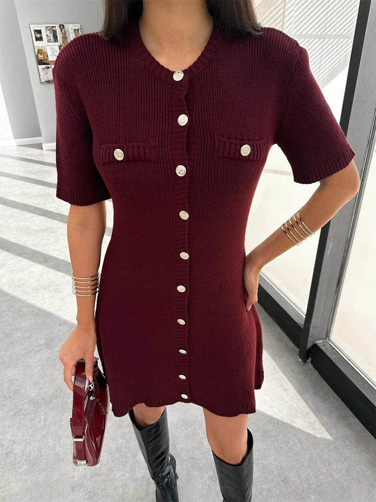Elegant Knit Mini Dress Women Street Slim High Waist Short Sleeve Rib Sweater Dresses Vacation Bodycon Knitwear Dress 2025