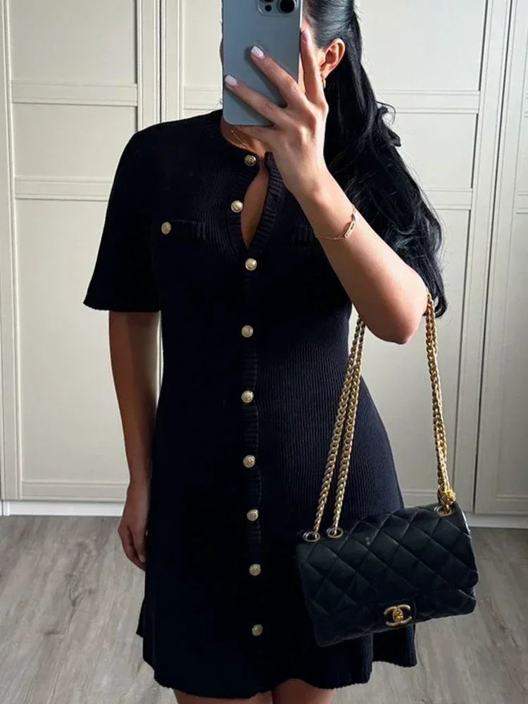 Elegant Knit Mini Dress Women Street Slim High Waist Short Sleeve Rib Sweater Dresses Vacation Bodycon Knitwear Dress 2025