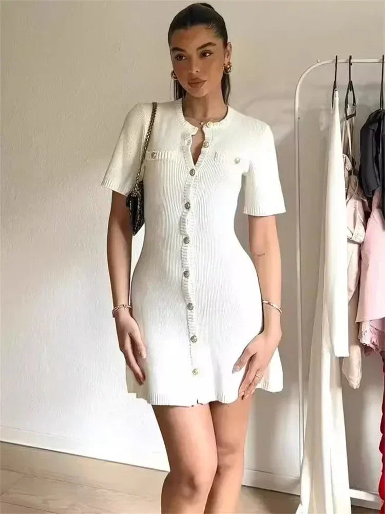 Elegant Knit Mini Dress Women Street Slim High Waist Short Sleeve Rib Sweater Dresses Vacation Bodycon Knitwear Dress 2025