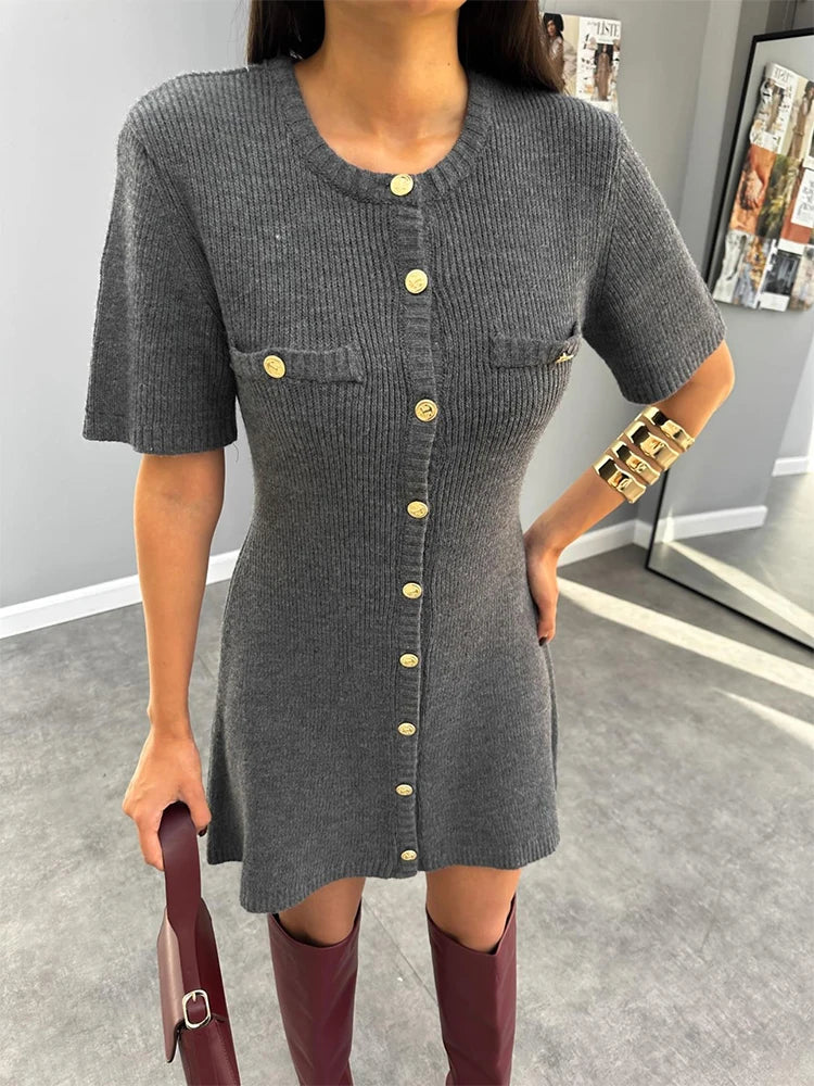 Elegant Knit Mini Dress Women Street Slim High Waist Short Sleeve Rib Sweater Dresses Vacation Bodycon Knitwear Dress 2025
