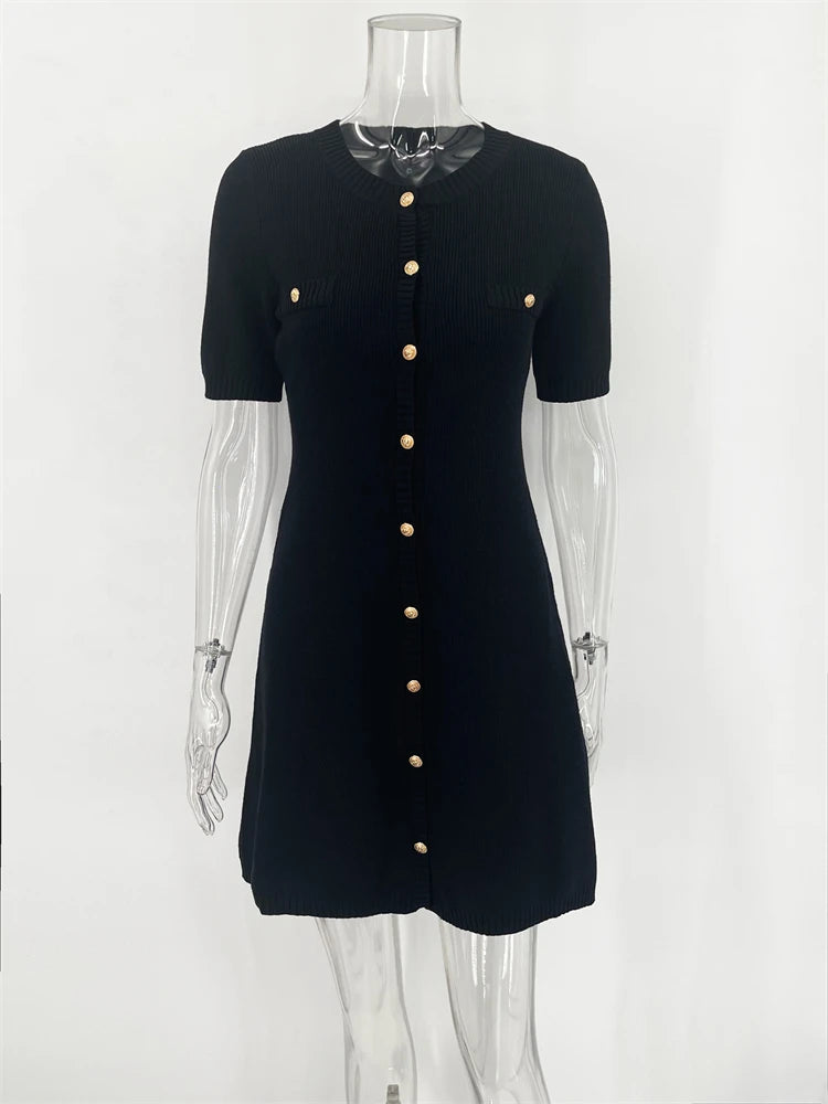 Elegant Knit Mini Dress Women Street Slim High Waist Short Sleeve Rib Sweater Dresses Vacation Bodycon Knitwear Dress 2025