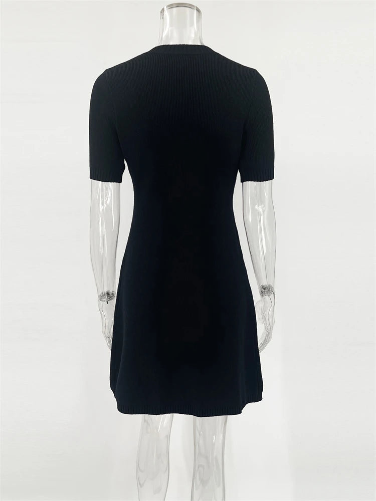 Elegant Knit Mini Dress Women Street Slim High Waist Short Sleeve Rib Sweater Dresses Vacation Bodycon Knitwear Dress 2025