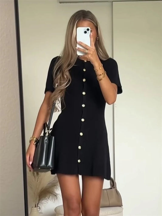Elegant Knit Mini Dress Women Street Slim High Waist Short Sleeve Rib Sweater Dresses Vacation Bodycon Knitwear Dress 2025
