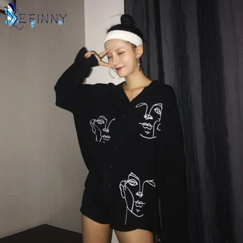 Women's Summer Blouse Shirt Cotton Face Printing Full Sleeve Long Shirts Tops Ladies Clothing