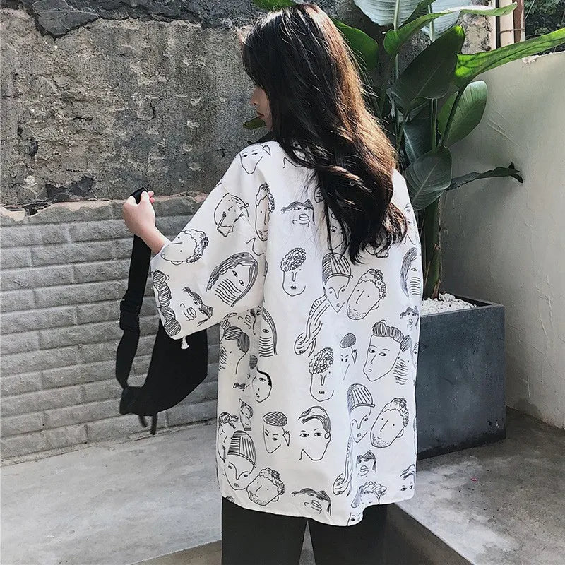 Women's Summer Blouse Shirt Cotton Face Printing Full Sleeve Long Shirts Tops Ladies Clothing