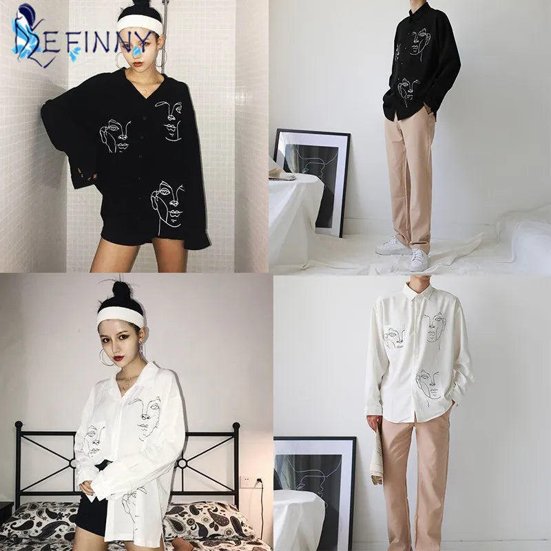 Women's Summer Blouse Shirt Cotton Face Printing Full Sleeve Long Shirts Tops Ladies Clothing