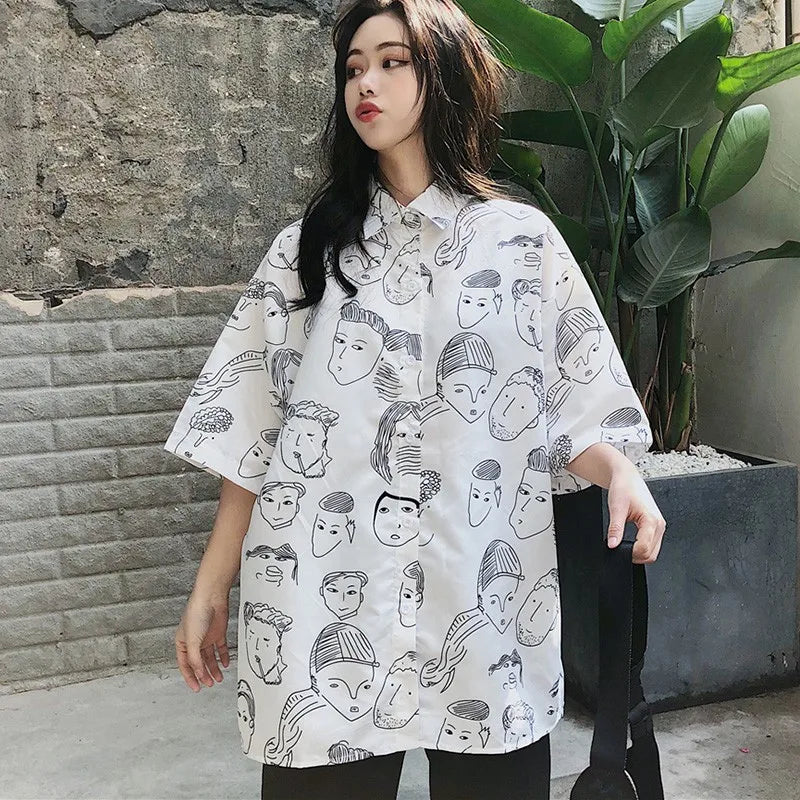 Women's Summer Blouse Shirt Cotton Face Printing Full Sleeve Long Shirts Tops Ladies Clothing