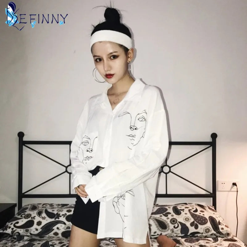 Women's Summer Blouse Shirt Cotton Face Printing Full Sleeve Long Shirts Tops Ladies Clothing