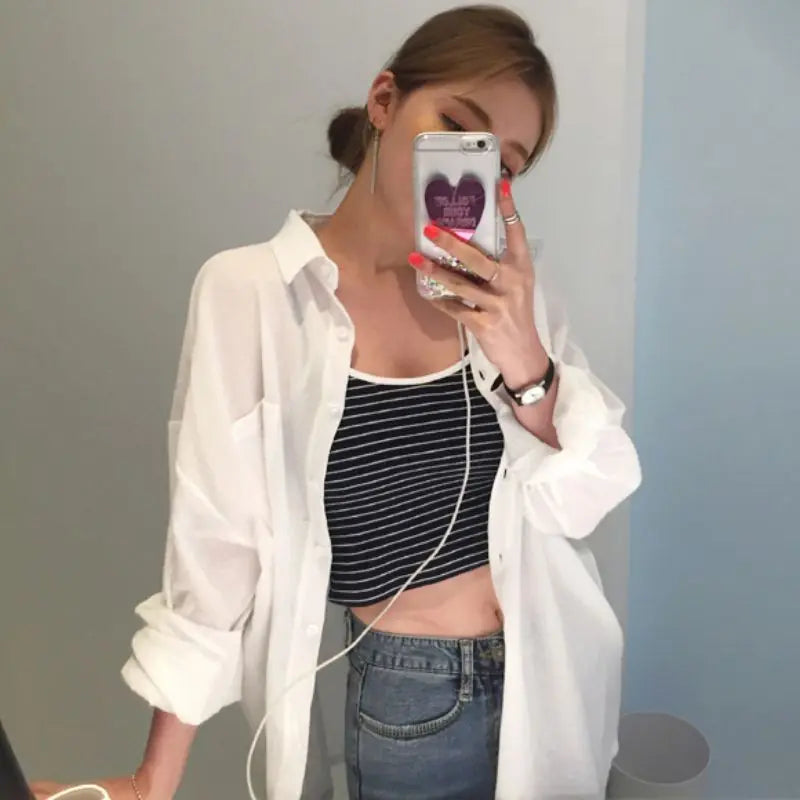 Women's Summer Blouse Shirt Cotton Face Printing Full Sleeve Long Shirts Tops Ladies Clothing