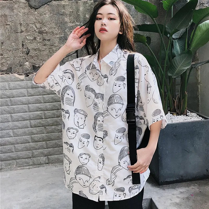 Women's Summer Blouse Shirt Cotton Face Printing Full Sleeve Long Shirts Tops Ladies Clothing