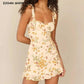 2022 Women Sexy Cross Bandage Black Flower Print Puff Long Sleeve Dress 3 layer Wood Ears Ruffles Hem Cake Mini Holiday Robe