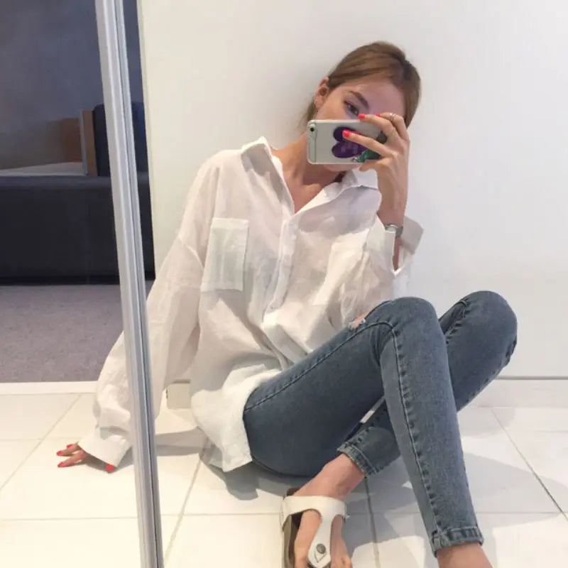 Women's Summer Blouse Shirt Cotton Face Printing Full Sleeve Long Shirts Tops Ladies Clothing