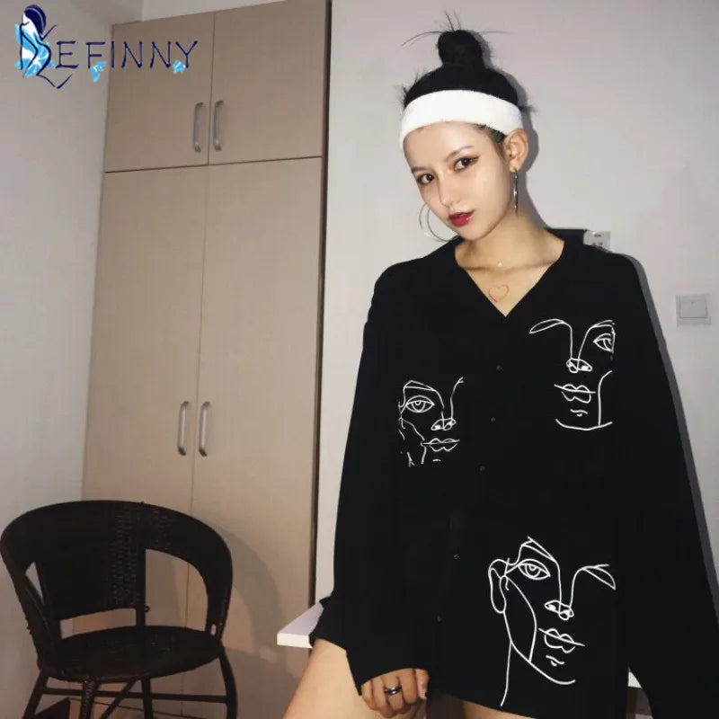 Women's Summer Blouse Shirt Cotton Face Printing Full Sleeve Long Shirts Tops Ladies Clothing