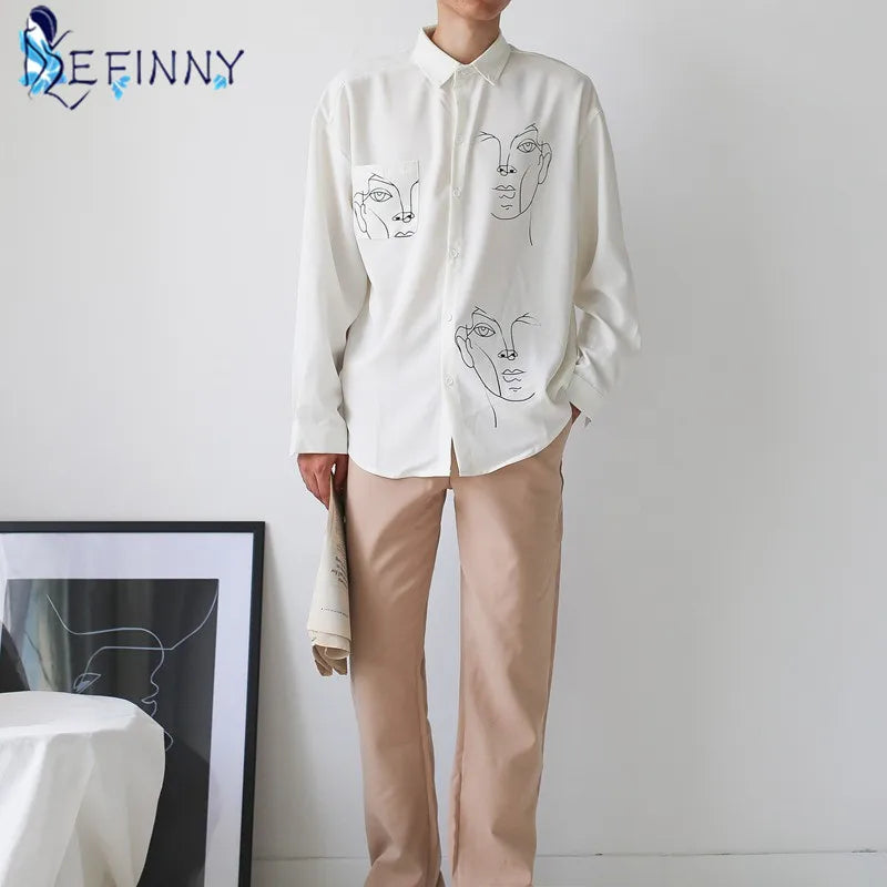Women's Summer Blouse Shirt Cotton Face Printing Full Sleeve Long Shirts Tops Ladies Clothing