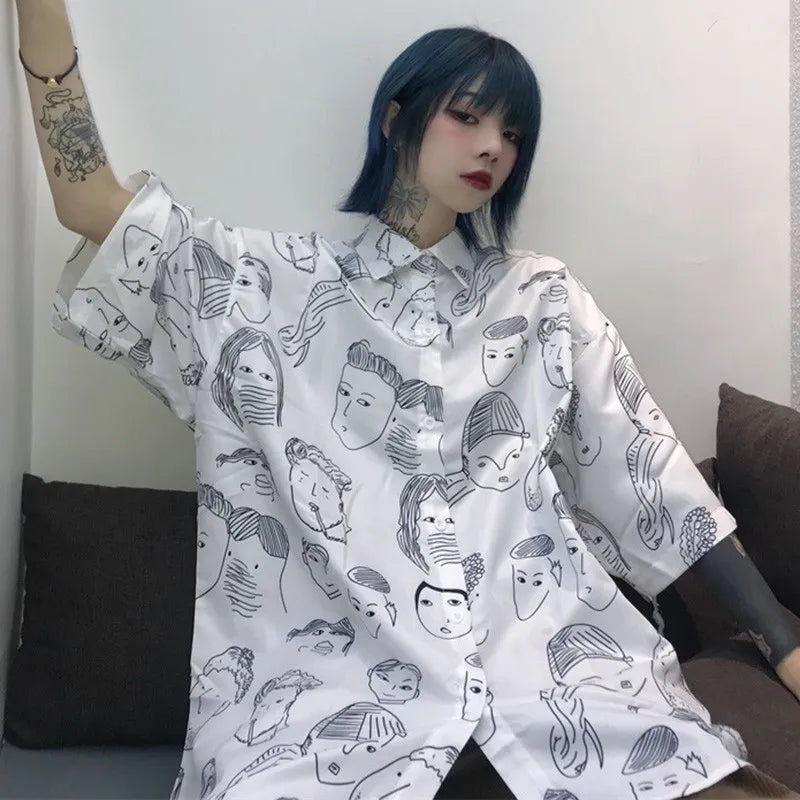 Women's Summer Blouse Shirt Cotton Face Printing Full Sleeve Long Shirts Tops Ladies Clothing