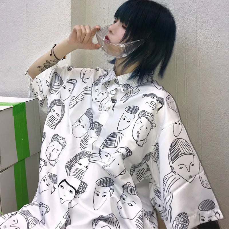 Women's Summer Blouse Shirt Cotton Face Printing Full Sleeve Long Shirts Tops Ladies Clothing