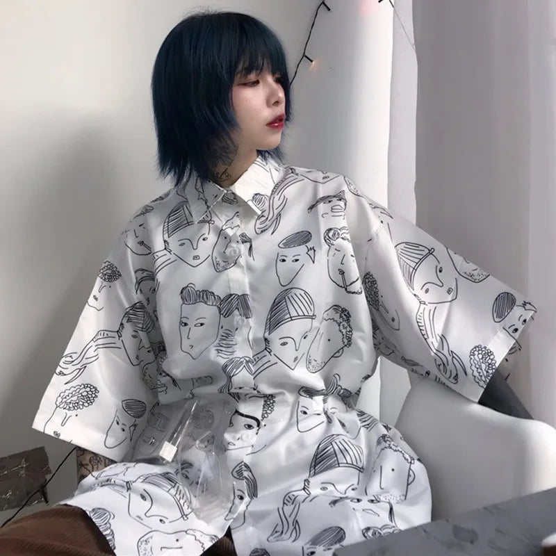 Women's Summer Blouse Shirt Cotton Face Printing Full Sleeve Long Shirts Tops Ladies Clothing