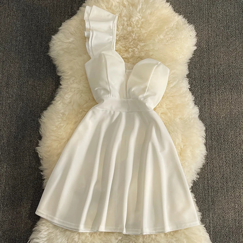 Women Black White Ruffled One Shoulder Sleeveless Mini Dress Strapless Mesh Patchwork High Waist A-line Party Dress Vestidos