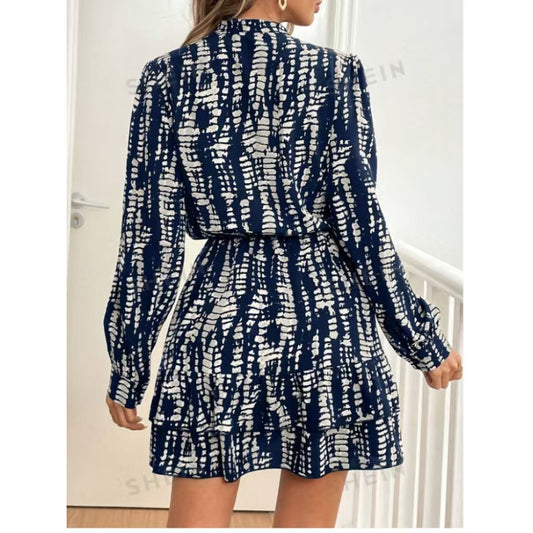 Robe Longue à Manches Longues Imprimée et Volantée pour Femmes