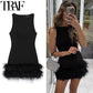 TRAF Women's Dress Feathers Sleeveless Mini Dress Elegant Black Short Dresses Bodycon Party Dresses Woman Vest Christmas Dress