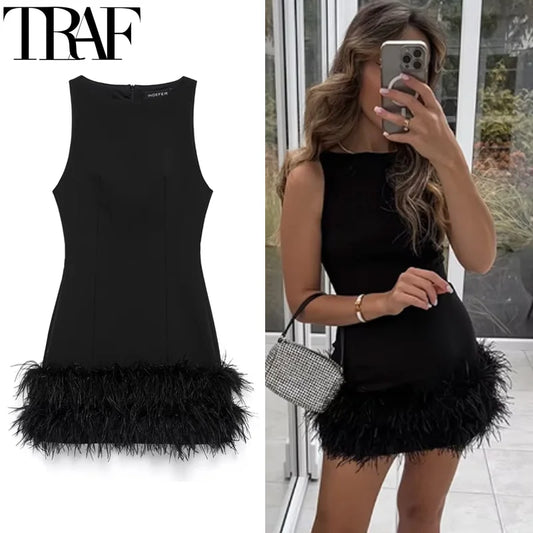 TRAF Women's Dress Feathers Sleeveless Mini Dress Elegant Black Short Dresses Bodycon Party Dresses Woman Vest Christmas Dress