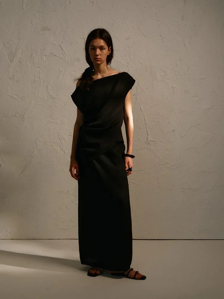 Elegant High-Waisted A- Line Skirt For Women Summer Commuting Long Dress Textile Song WhiteDrapedSideSlitLongDress