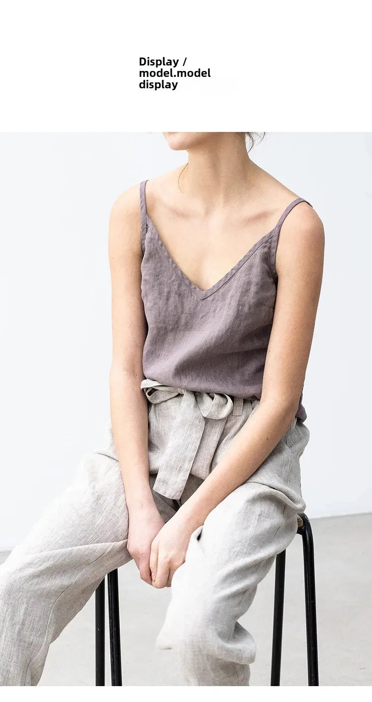Pure Color Cotton Linen Sleeveless V-Neck Women's Tank Top Loose Fit Simple Style Outerwear Casual Comfortable Vest