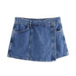 TRAFZA Summer Women Suits Denim Blue Turn-Down Collar Short Sleeves Pocket Decoration Shirts+Mid Waist Asymmetrical Shorts