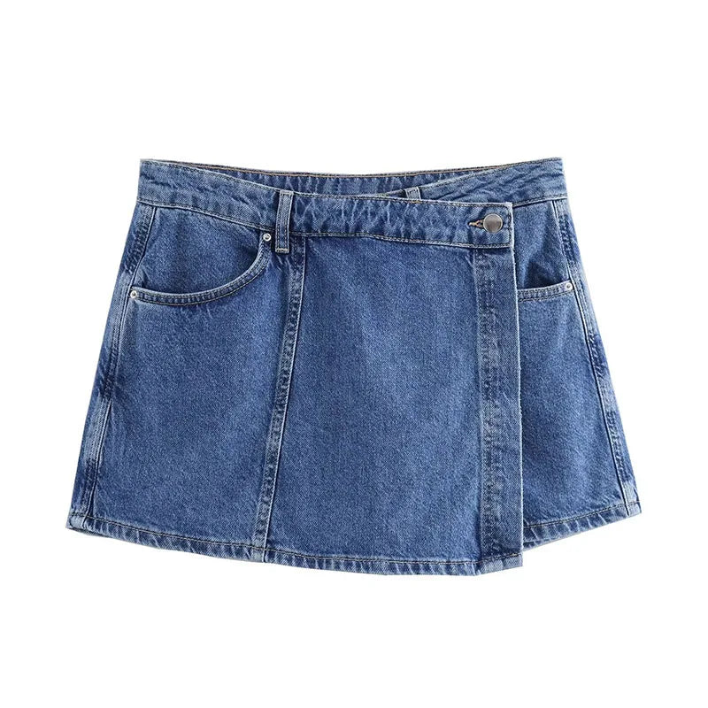 TRAFZA Summer Women Suits Denim Blue Turn-Down Collar Short Sleeves Pocket Decoration Shirts+Mid Waist Asymmetrical Shorts